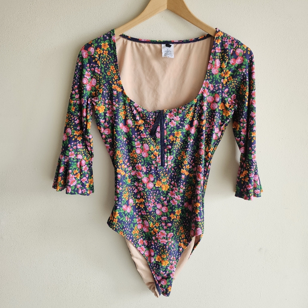 J.Crew Round Neckline 3/4 Sleeve Swimsuit Floral